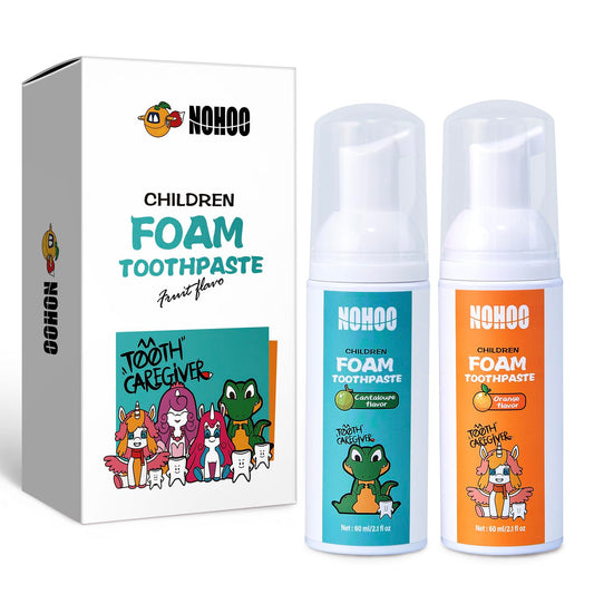 NOHOO Kids Foam Toothpaste orange and cantaloupe flavors in bottle