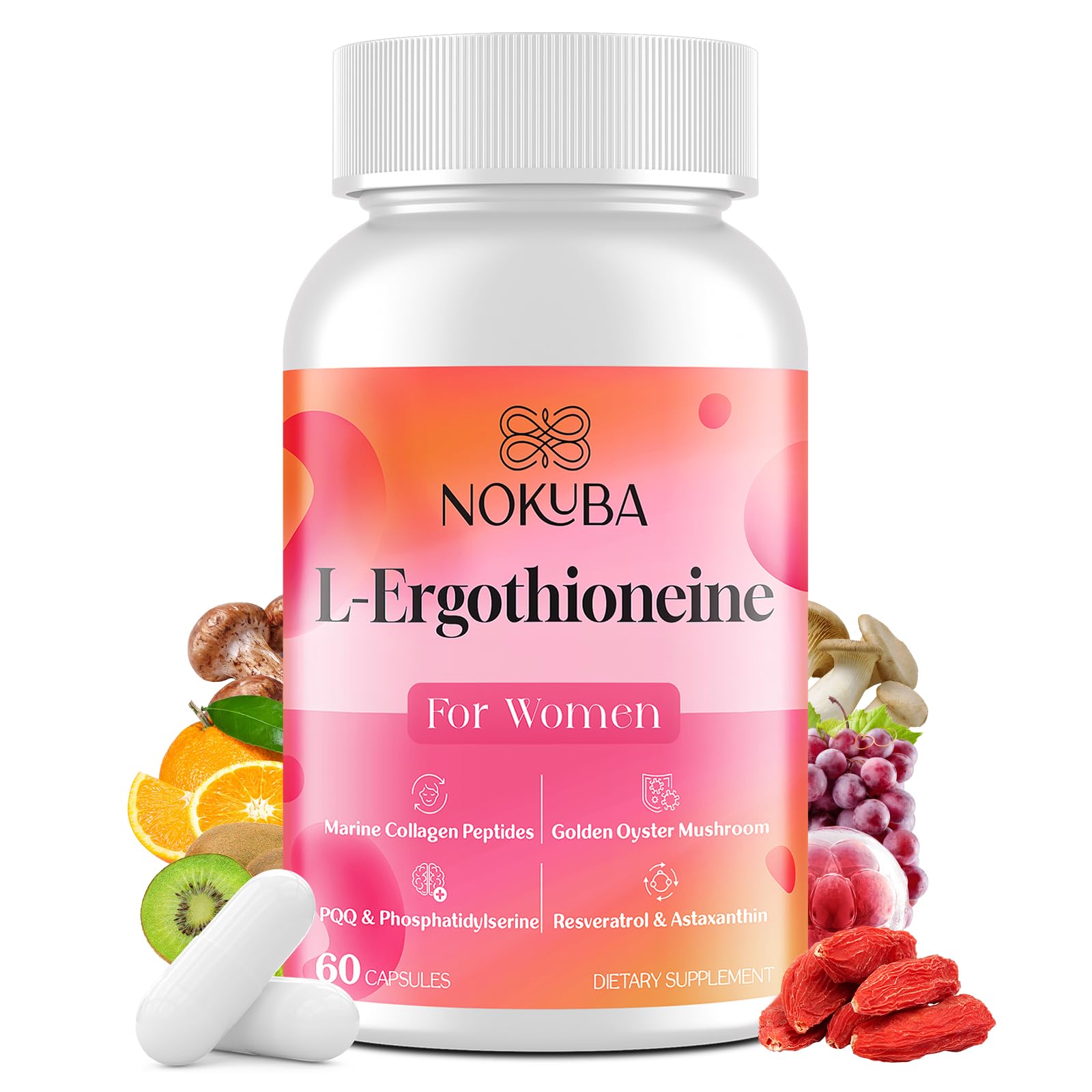 Nokuba L-Ergothioneine label with collagen and mushroom imagery