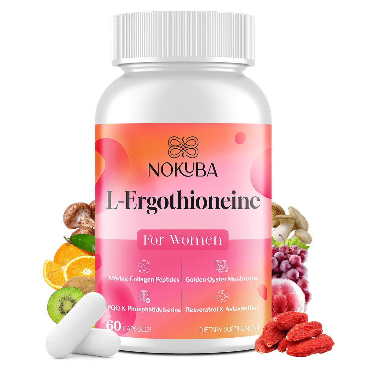 Nokuba L-Ergothioneine label with collagen and mushroom imagery