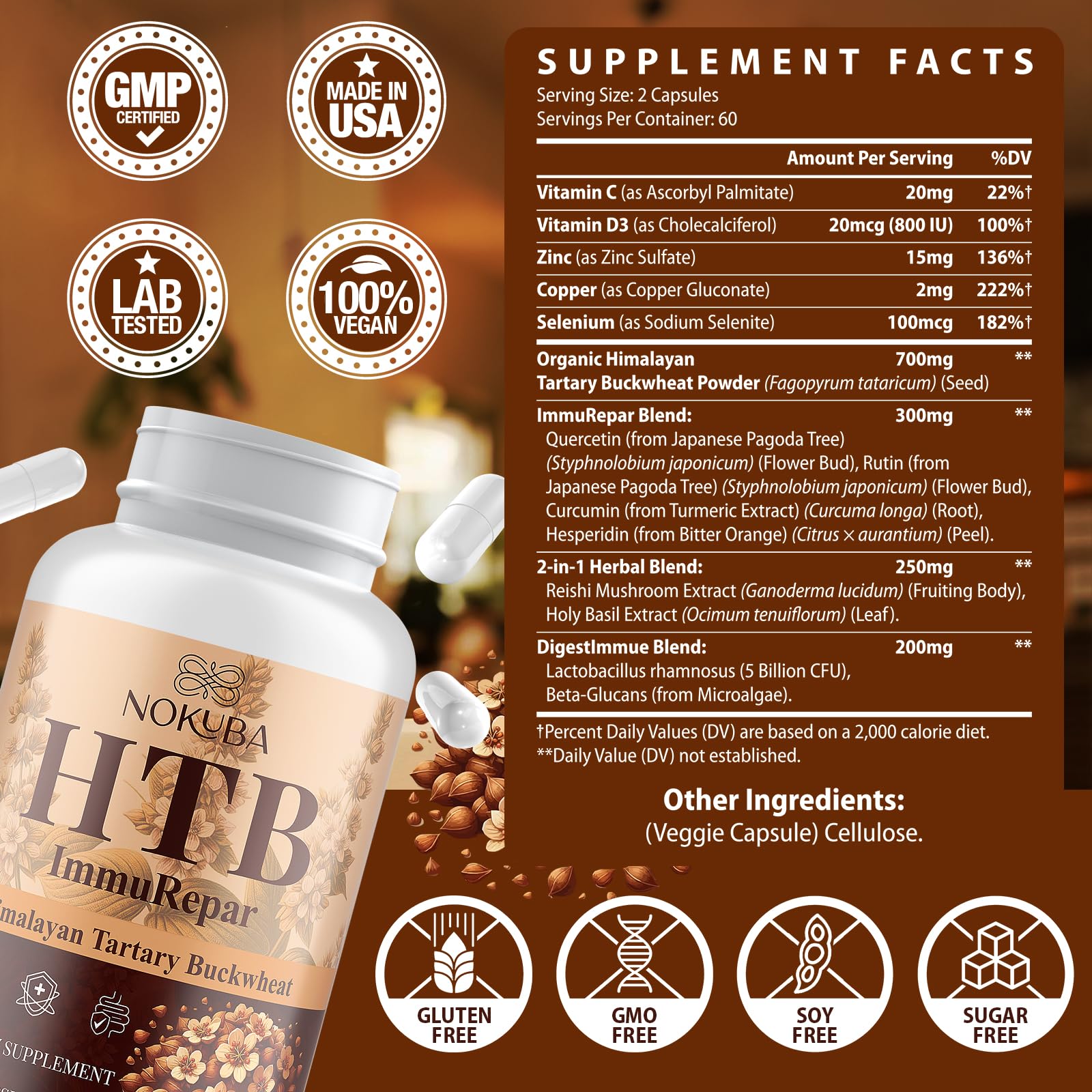 Close-up of the Nokuba Immune Support 14-in-1 formula label
