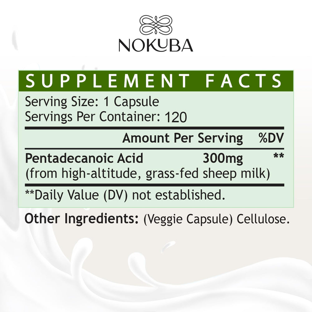 Nokuba Pentadecanoic Acid capsules close-up highlighting compact daily dose.