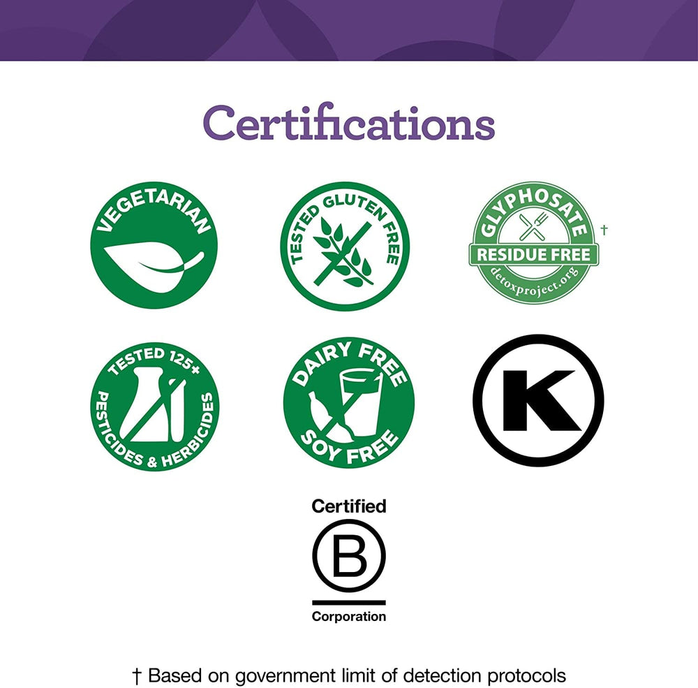 Non-GMO, B Corp and Kosher certification badges