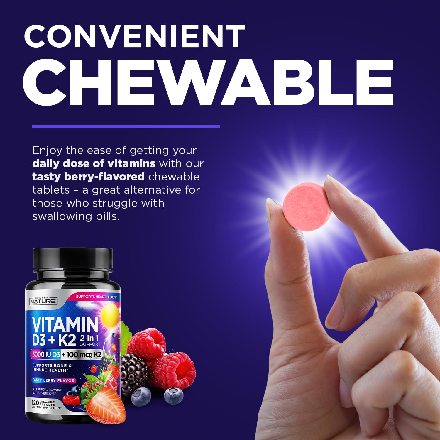 Non-GMO vitamin D3 K2 berry chewable tablet