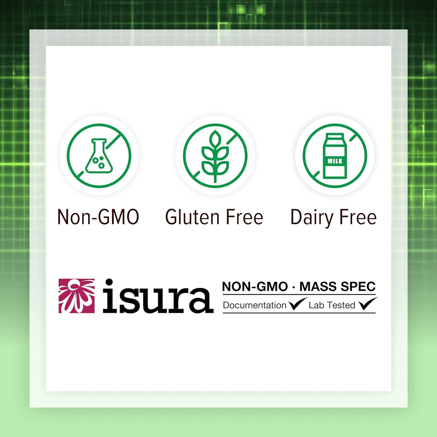 Non-GMO, dairy-free, gluten-free product attributes