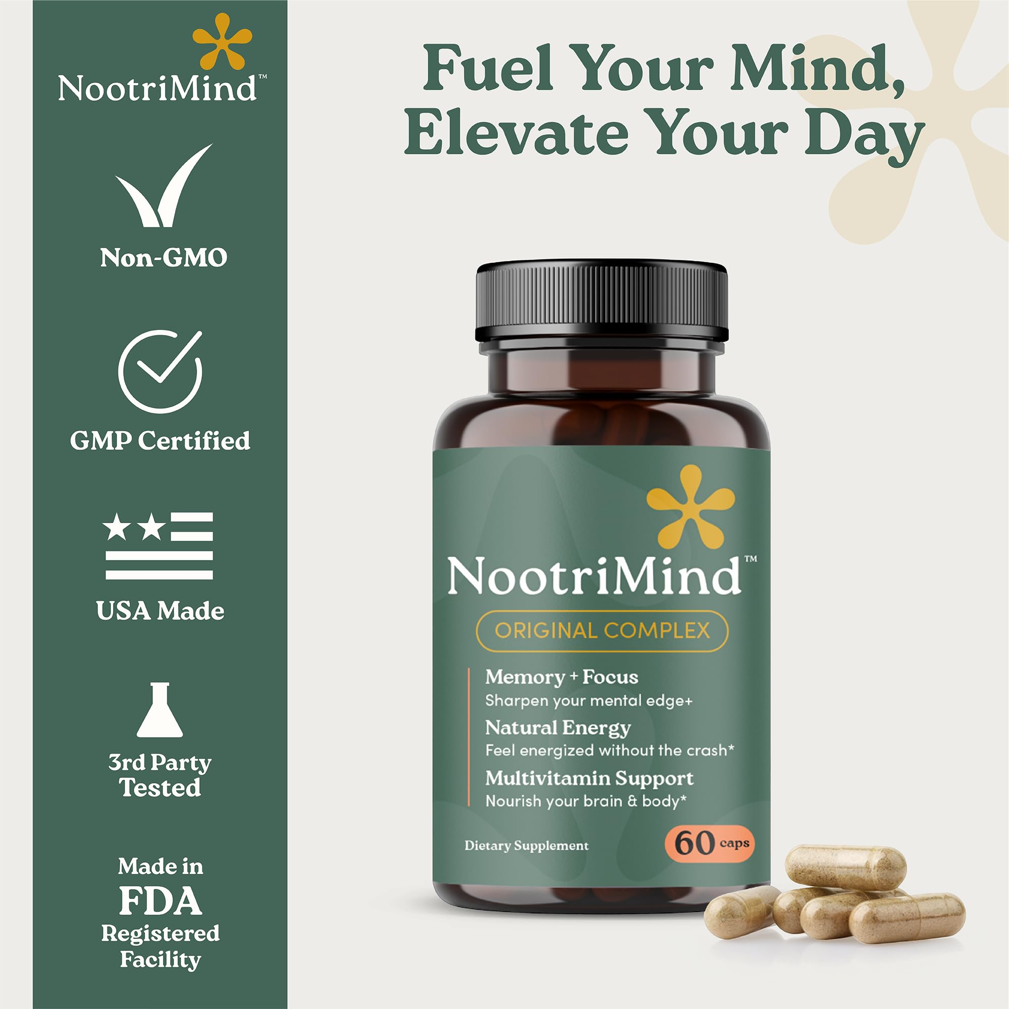 Made in USA, non-GMO and gluten-free brain supplement packaging