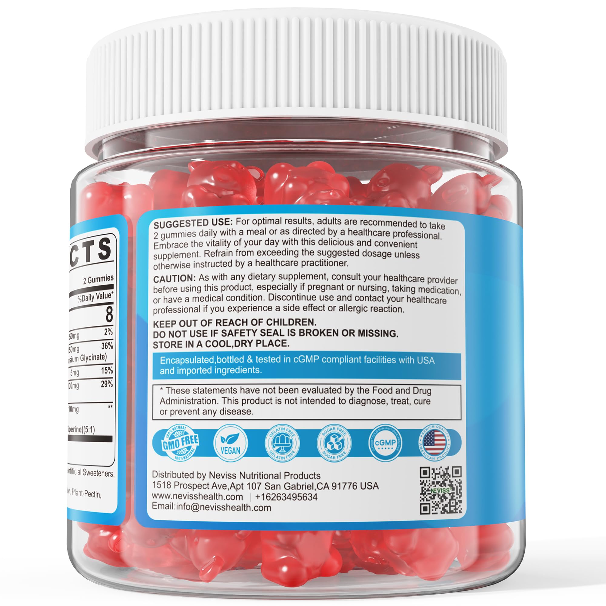 Non-GMO, gluten-free and cGMP certification badges on packaging