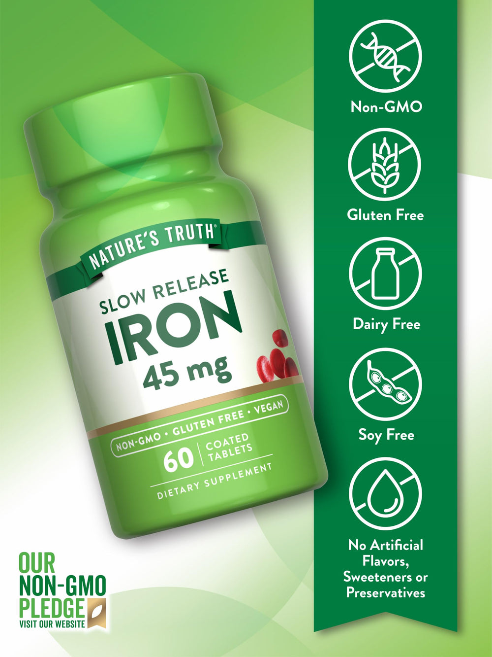 Non-GMO and gluten-free icons for Nature's Truth iron supplement