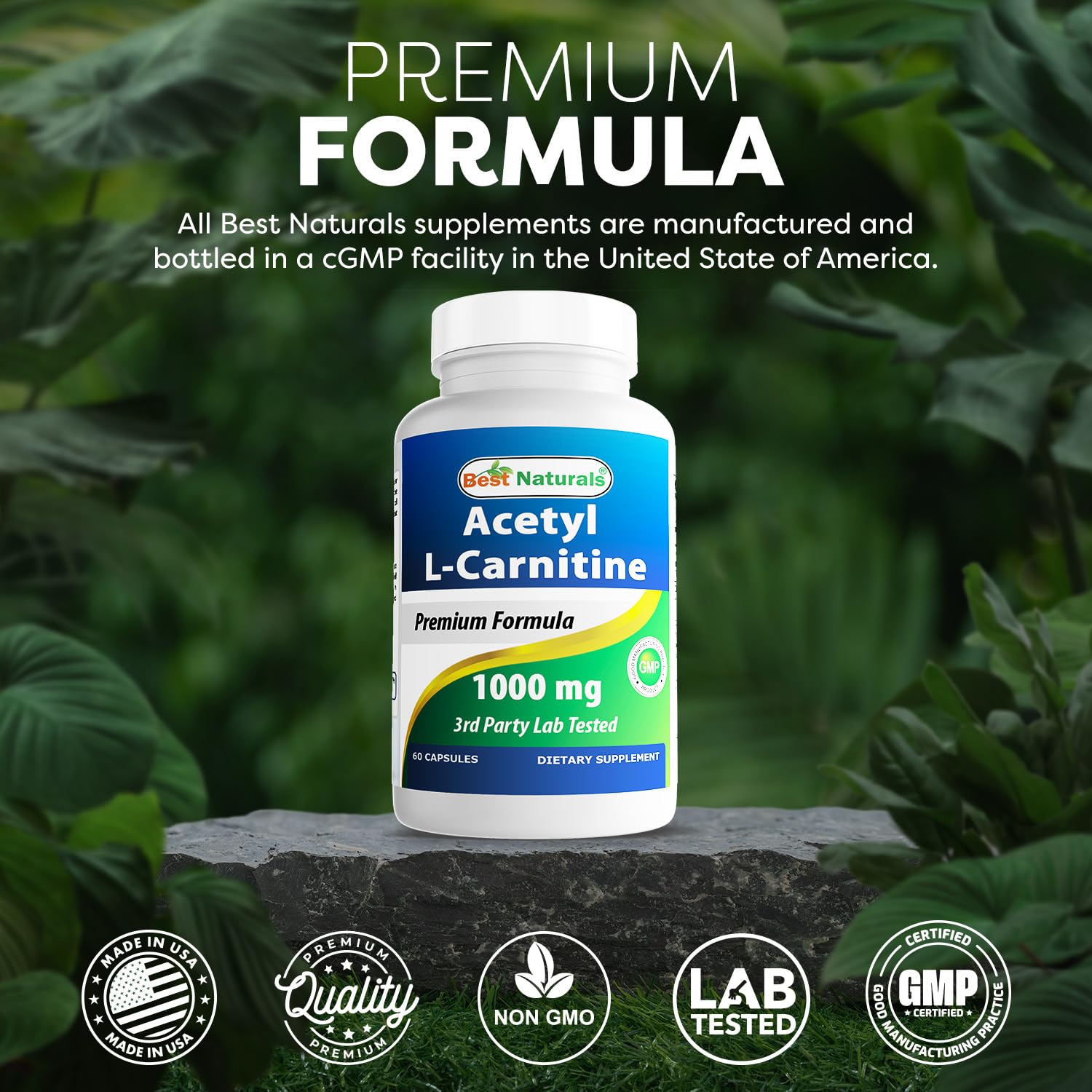 Non-GMO and gluten-free label for Best Naturals Acetyl L-Carnitine