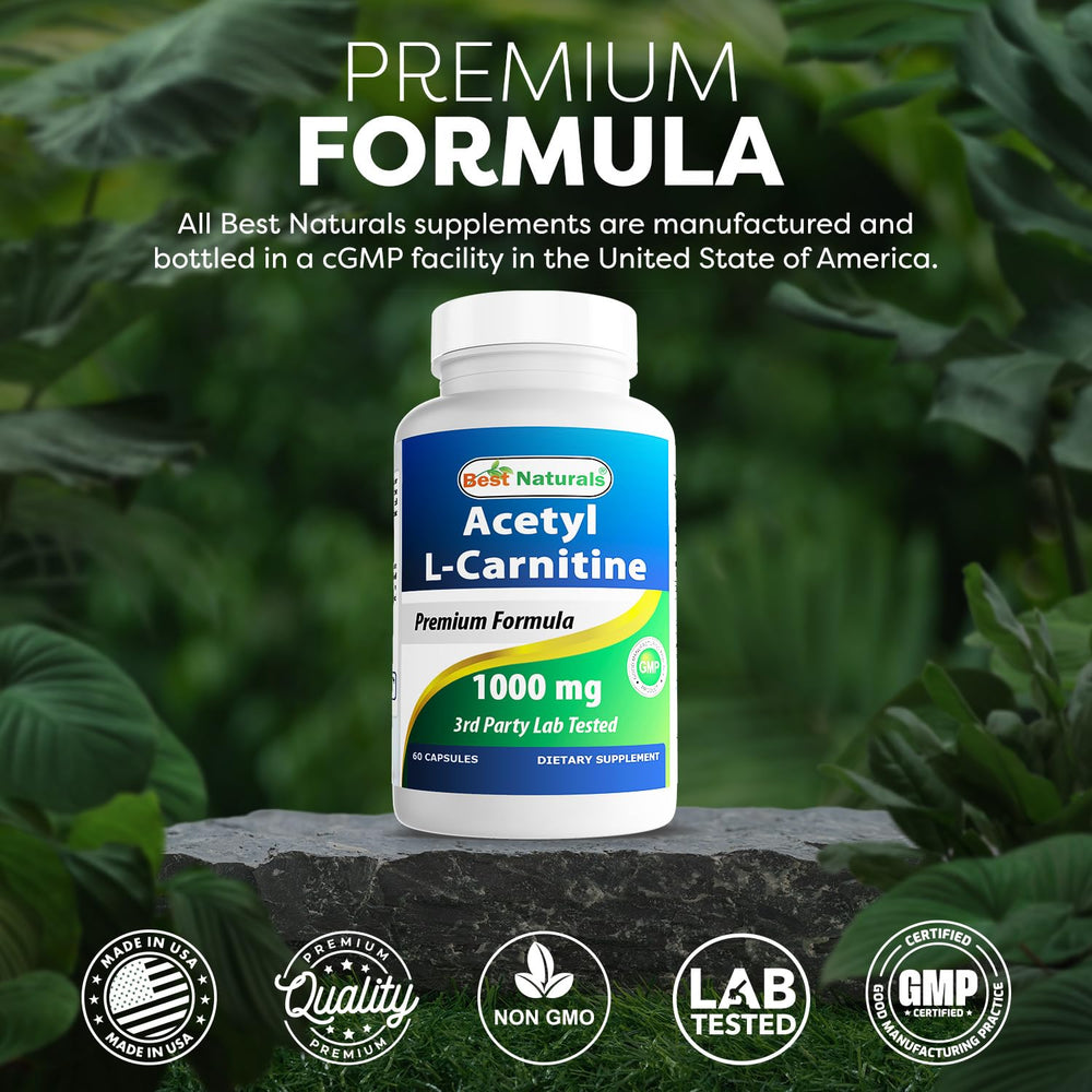 Non-GMO and gluten-free label for Best Naturals Acetyl L-Carnitine