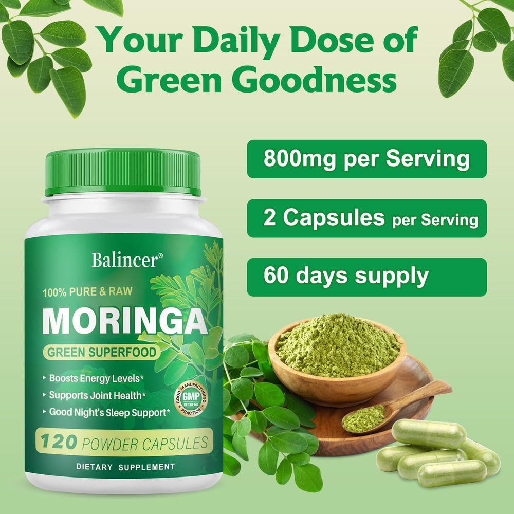 Non-GMO, gluten-free vegan moringa capsules label