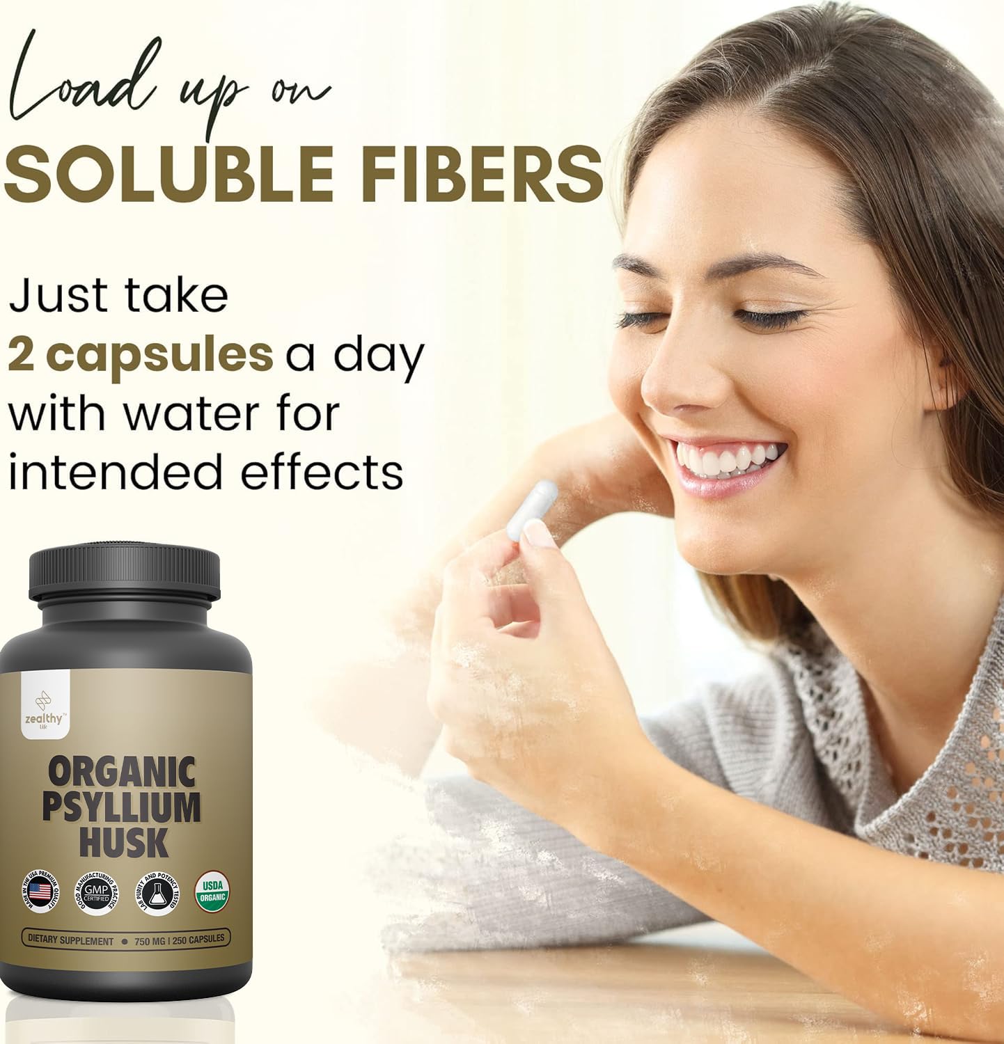 Non-GMO, gluten-free, corn-free psyllium capsules label