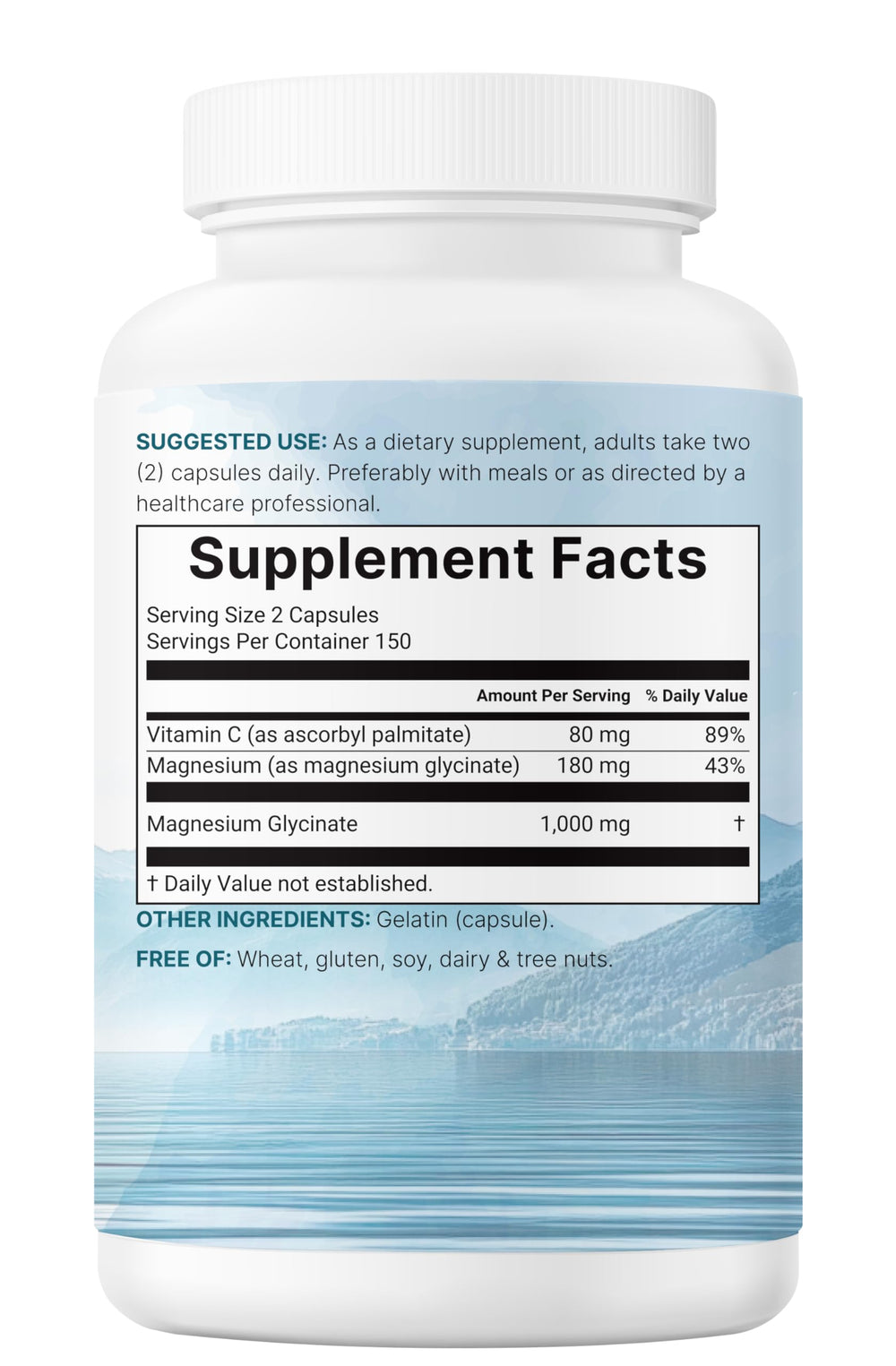 Non-GMO, gluten-free magnesium supplement label