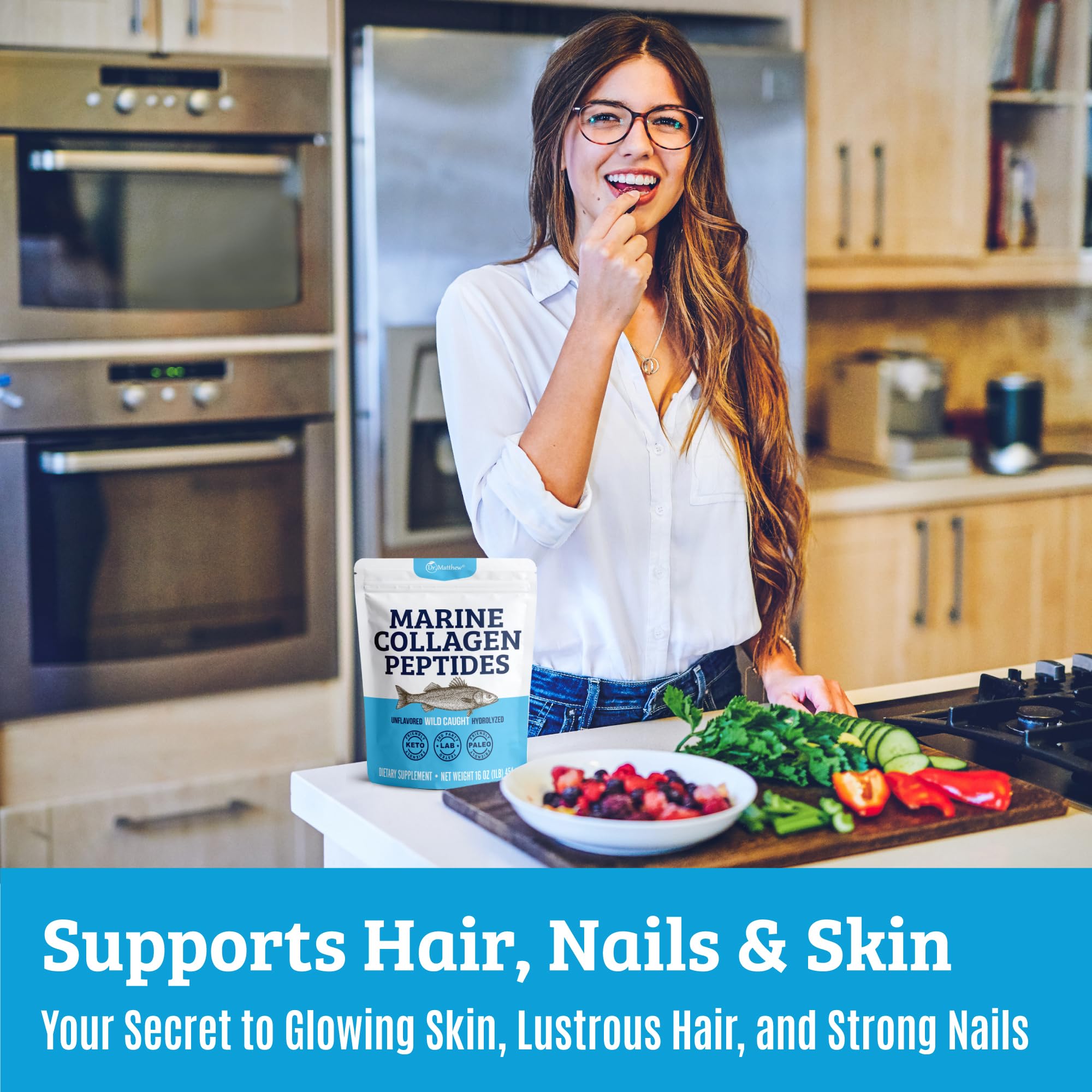 Non-GMO, dairy-free and gluten-free packaging of marine collagen powder