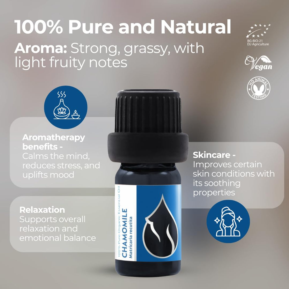Non-GMO organic chamomile essential oil bottle