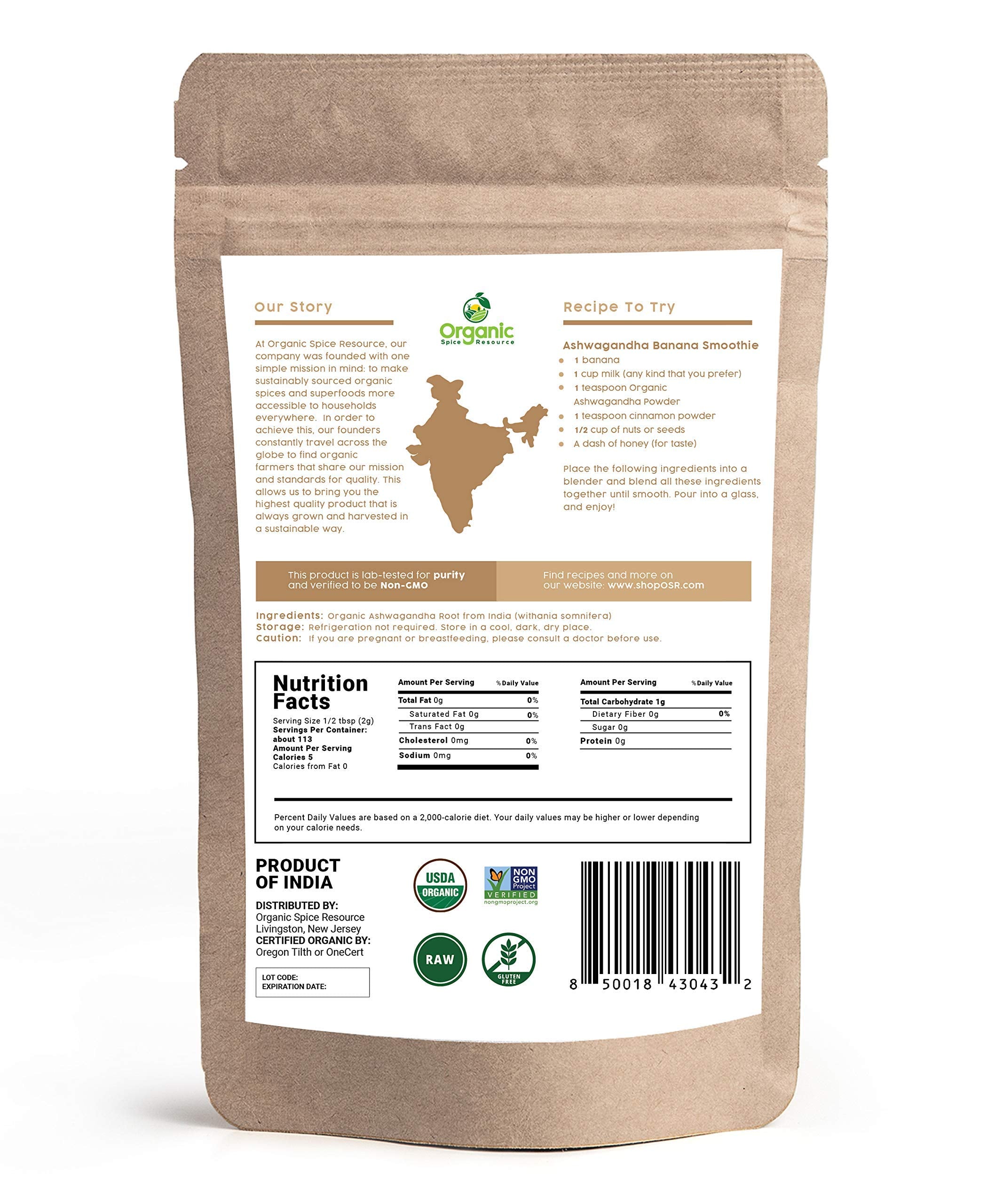 Non-GMO Project Verified seal on Ashwagandha powder packaging