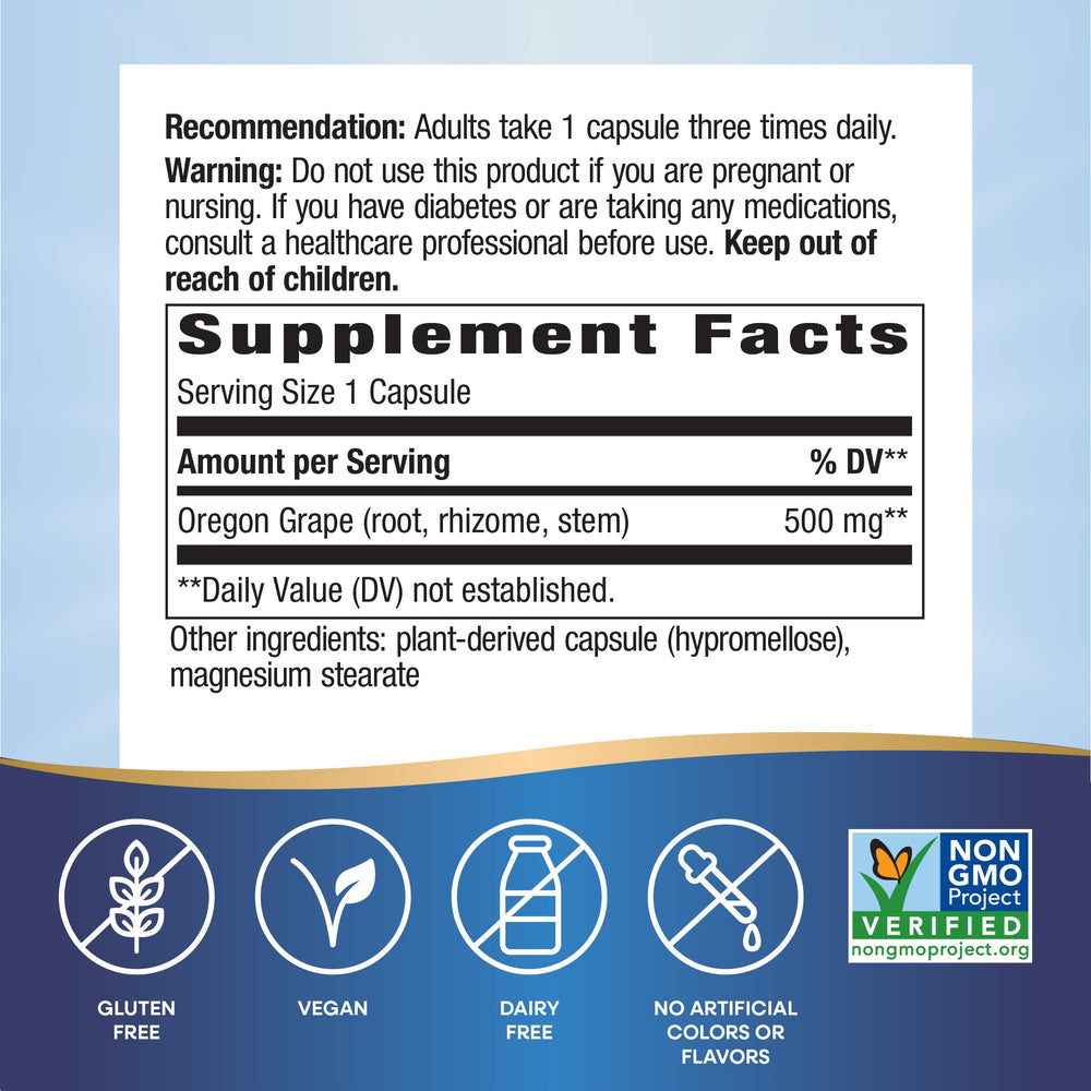 Non-GMO Project Verified Oregon Grape supplement label
