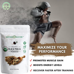 Non-GMO seal on Organic Black Maca Root Powder packaging