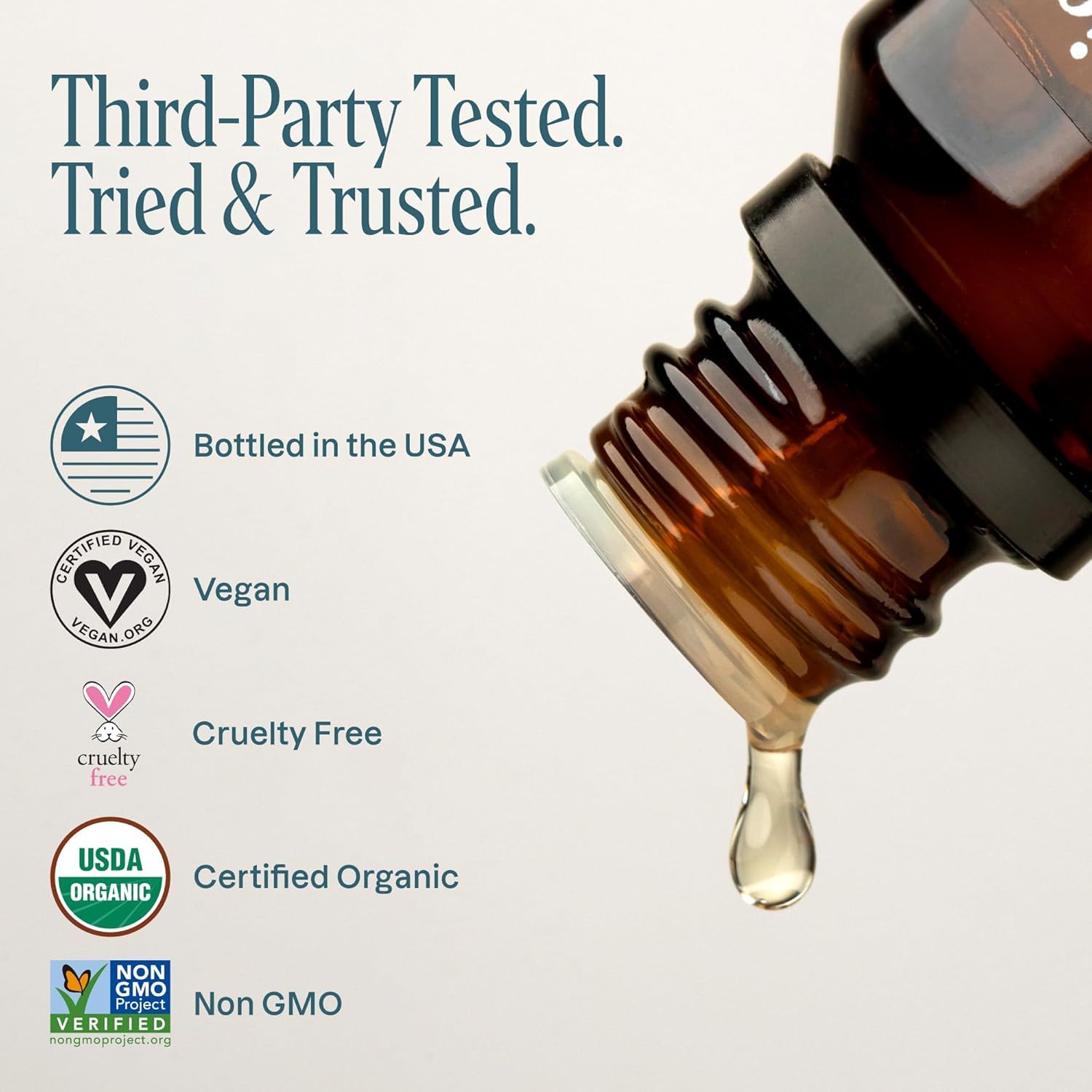 Non-GMO, vegan and cruelty-free certification icons