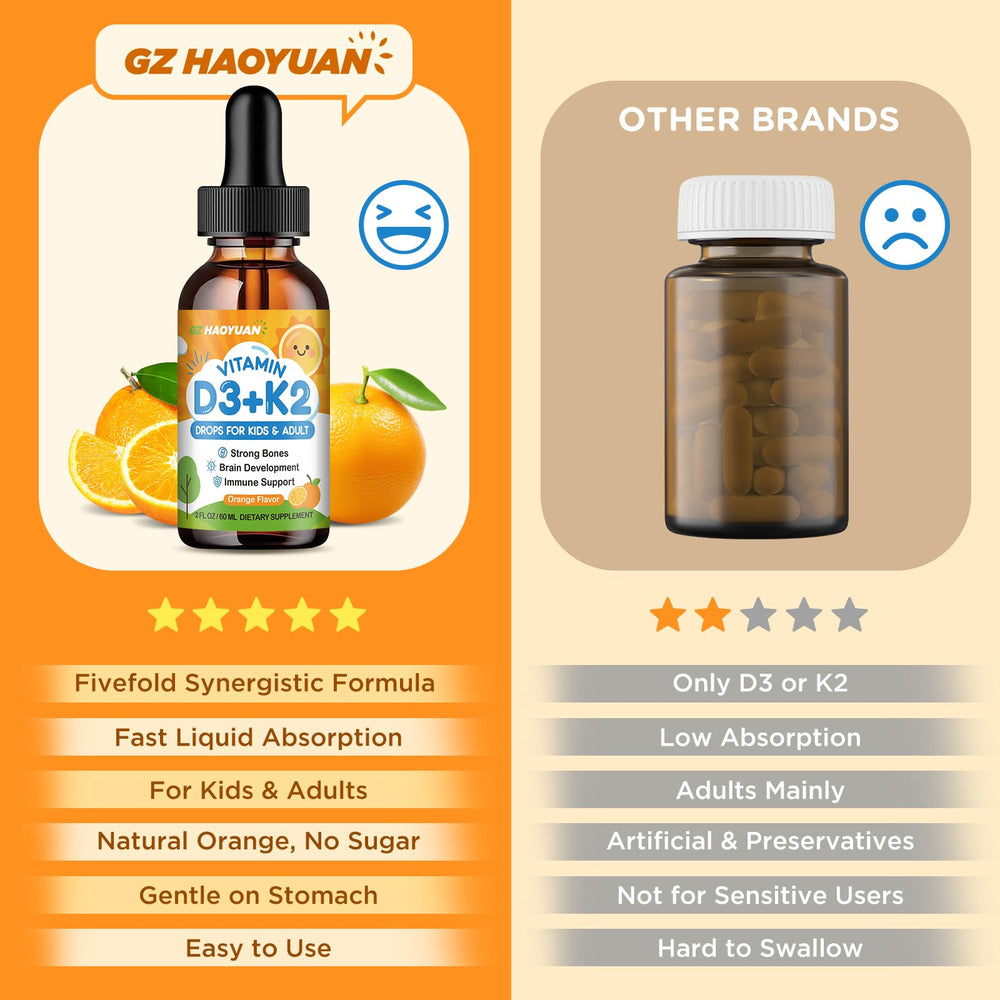 Label showing non-GMO vegan D3 K2 drops for kids