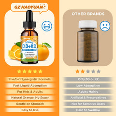 Label showing non-GMO vegan D3 K2 drops for kids