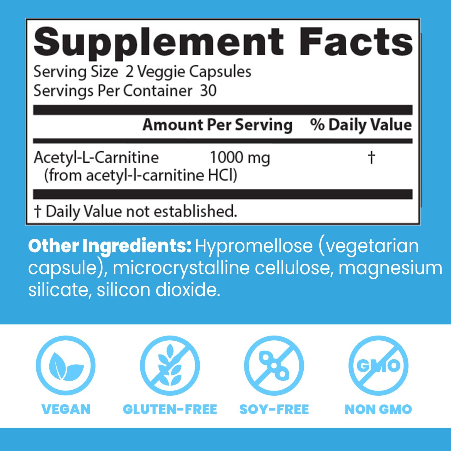Badges indicating Non-GMO, Vegan, Gluten Free, Soy Free