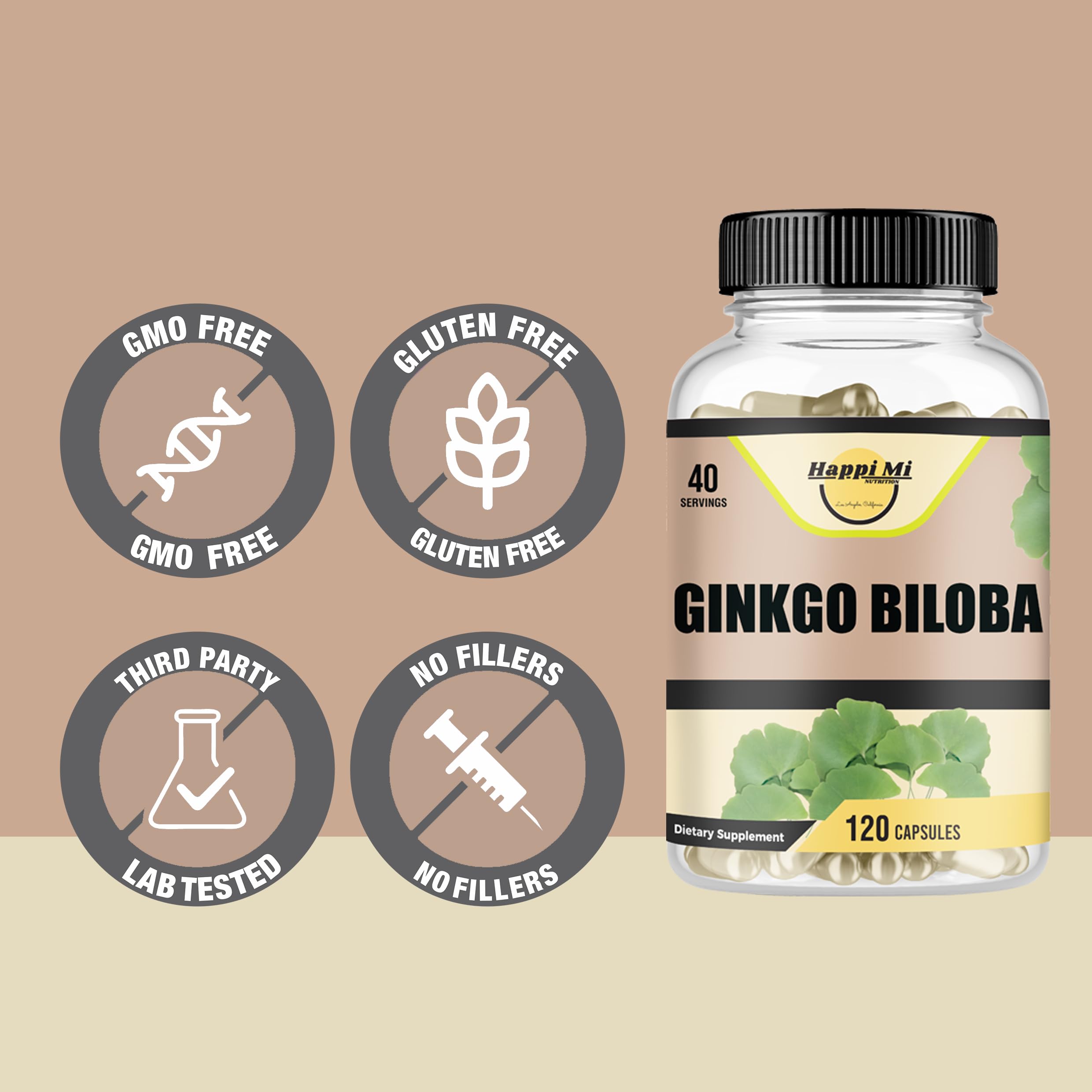 Non-GMO and vegan labels for Happi Mi Ginkgo Biloba