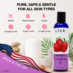 Non-sticky texture of strawberry massage oil being applied