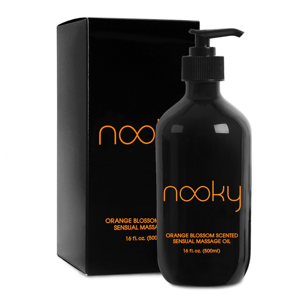 Nooky Orange Blossom Massage Oil bottle with 16 oz, featuring jojoba and essential oils