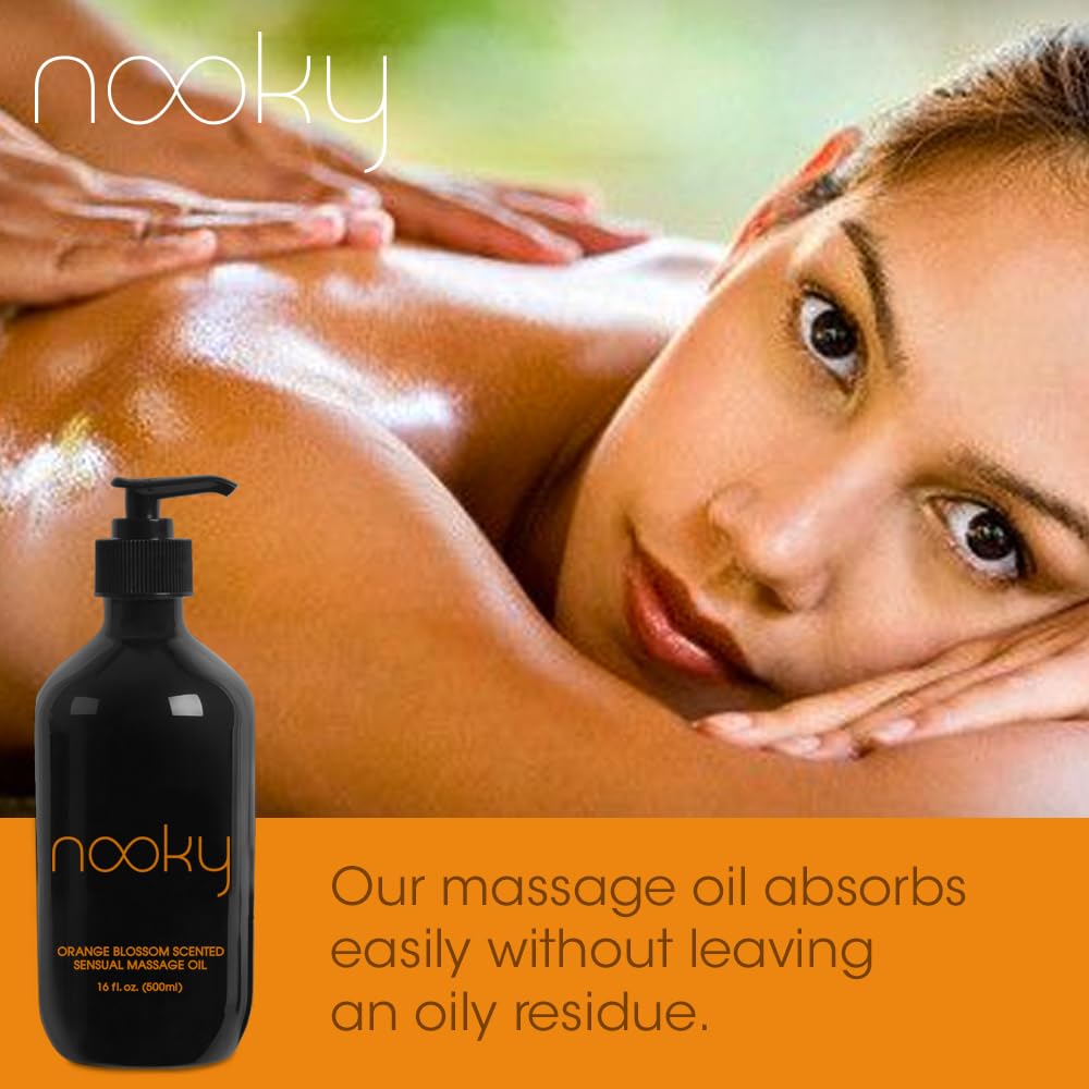 Close-up of Nooky Orange Blossom Massage Oil texture and bottle