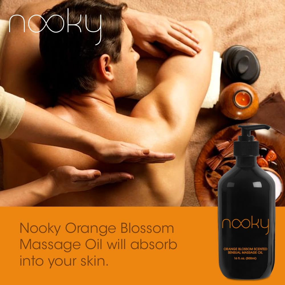 Ingredients label on Nooky Orange Blossom Massage Oil bottle