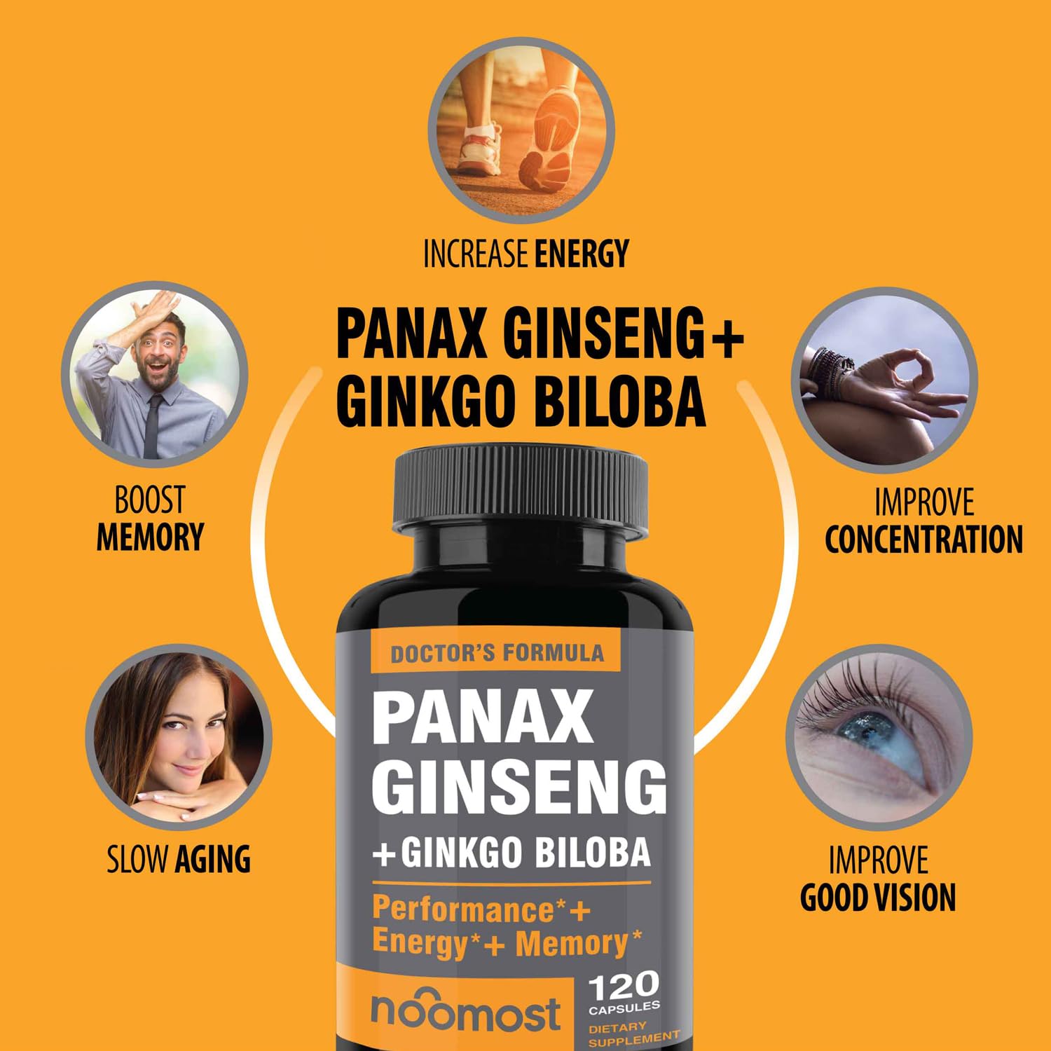 Visual of ginseng root extract powder and ginkgo biloba leaves