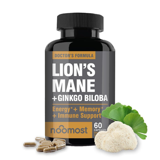 NooMost Lions Mane Organic Capsules bottle with Ginkgo Biloba label