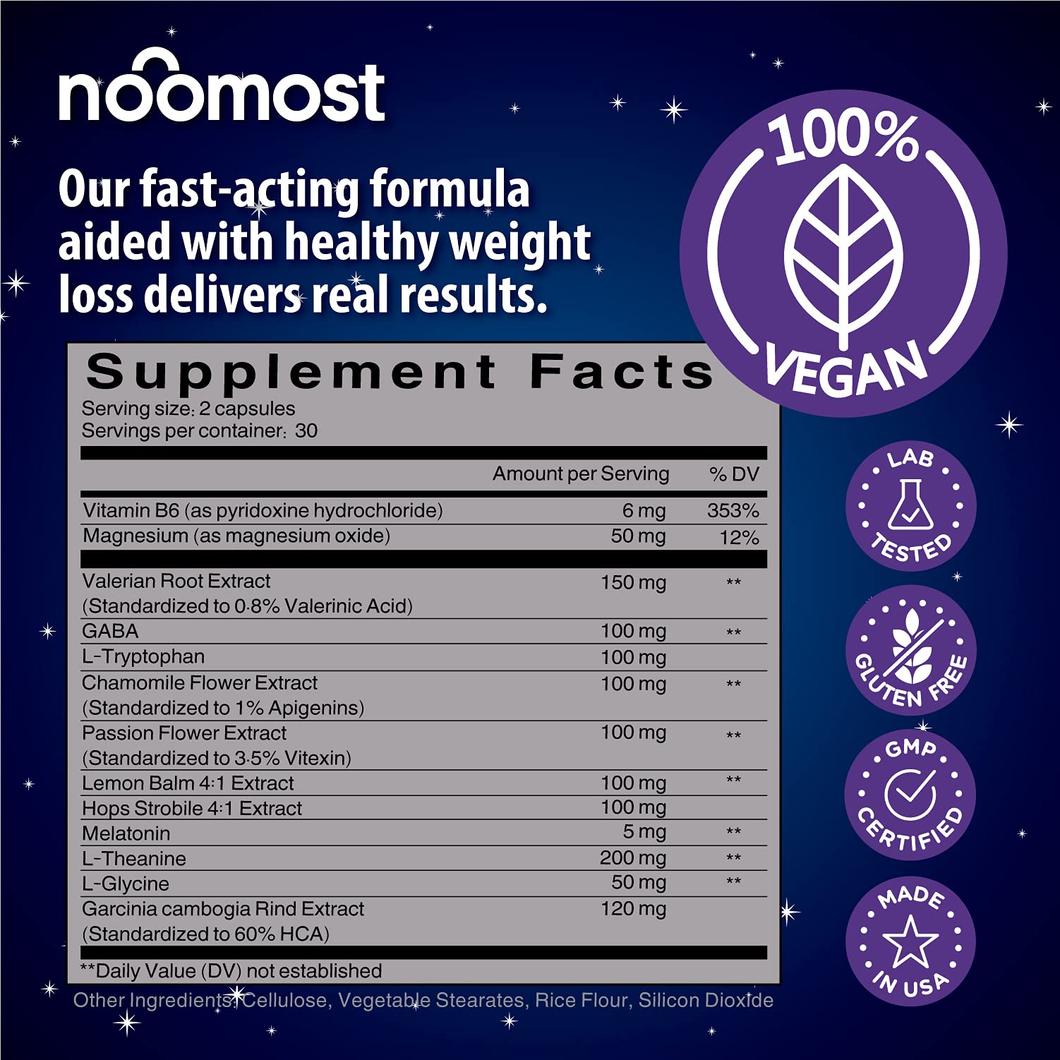 Close-up of ingredients featuring magnesium, L-Theanine and Garcinia