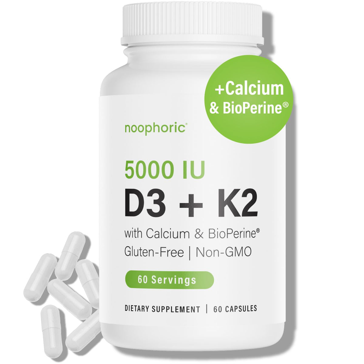 Front view of Noophoric D3 K2 5000 IU bottle