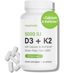 Front view of Noophoric D3 K2 5000 IU bottle