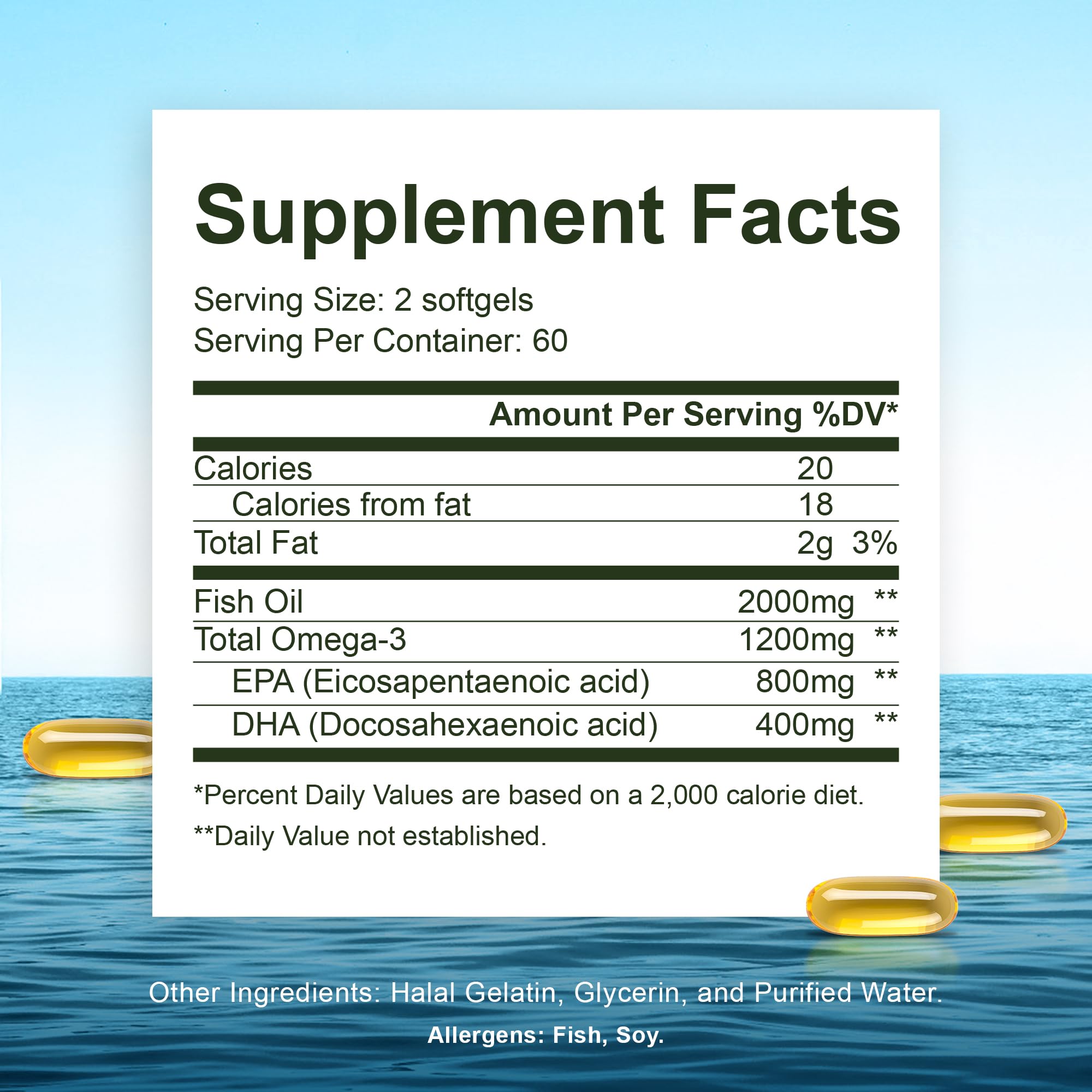 Back label with nutrition facts on Noor Vitamins Halal Fish Oil bottle