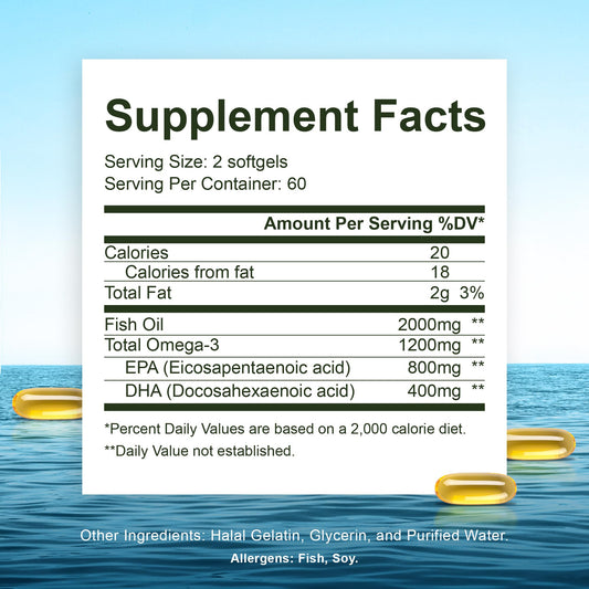 Back label with nutrition facts on Noor Vitamins Halal Fish Oil bottle