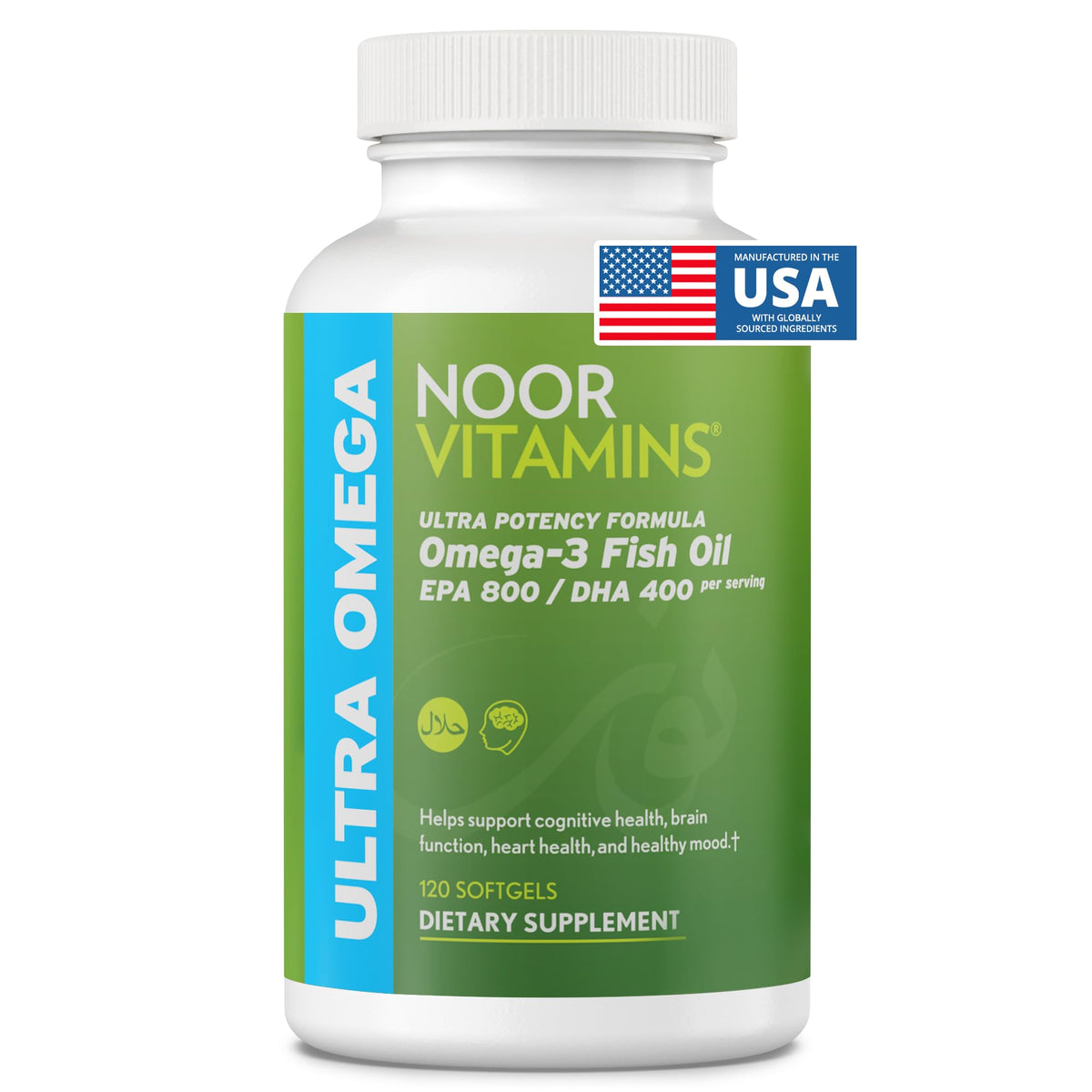 Front view of Noor Vitamins Halal Fish Oil bottle