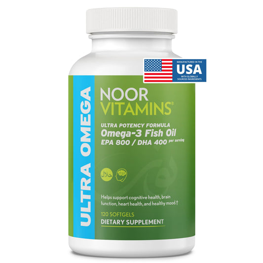 Front view of Noor Vitamins Halal Fish Oil bottle