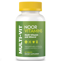 Front view of Noor Vitamins Halal Multivitamin bottle showing 60 tablets for a 2-month supply