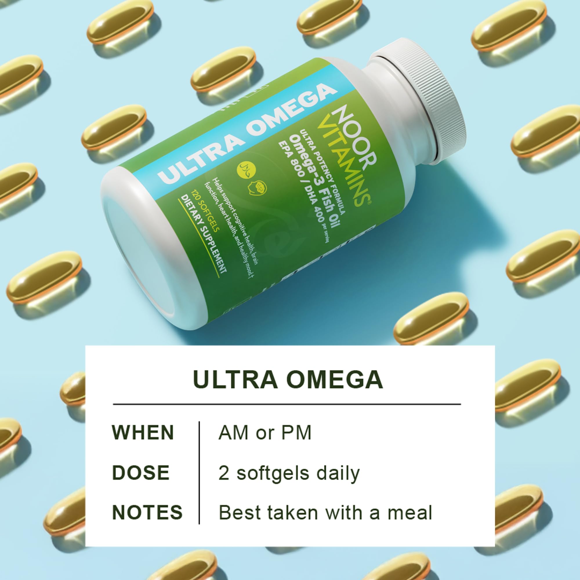 Noor Vitamins nutrition facts panel shows EPA/DHA amounts for daily planning.
