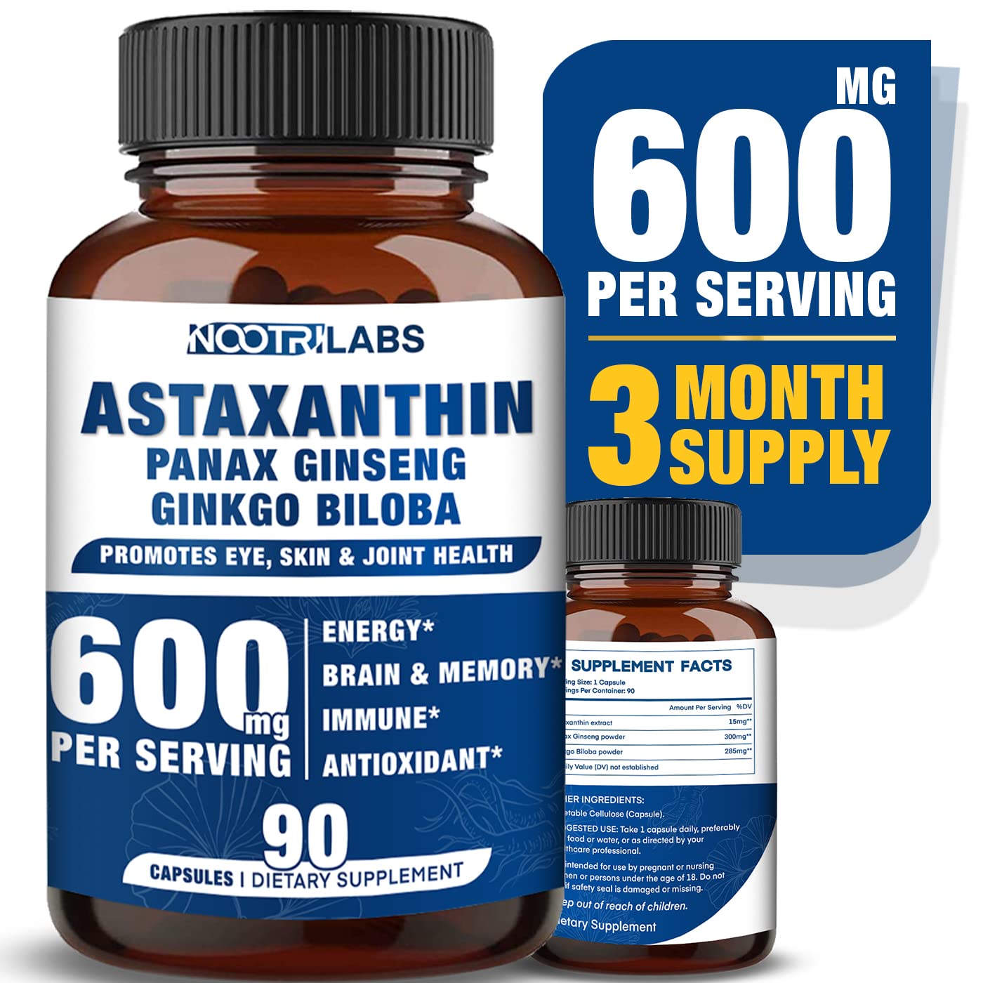 Nootrilabs Naturals Astaxanthin 15mg with Panax Ginseng and Ginkgo Biloba capsules – 90 vegan capsules