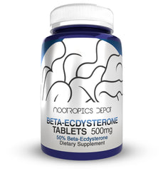Nootropics Depot Beta Ecdysterone tablets bottle closeup showing standardized 50% extract