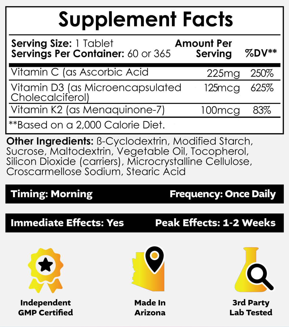 Front view of bottle packaging for Vitamin D3 + K2 with Vitamin C tablets