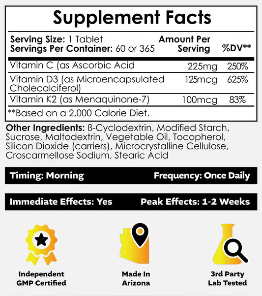 Front view of bottle packaging for Vitamin D3 + K2 with Vitamin C tablets