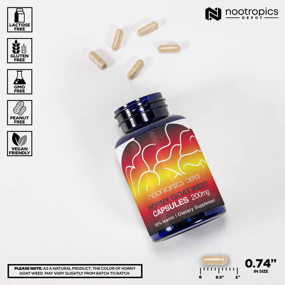 Nootropics Depot Epimedium brevicornum capsules closeup highlighting premium herbal blend.