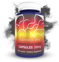 Nootropics Depot Horny Goat Weed capsules (200mg) on white background, highlighting potent icariin content for daily vitality.