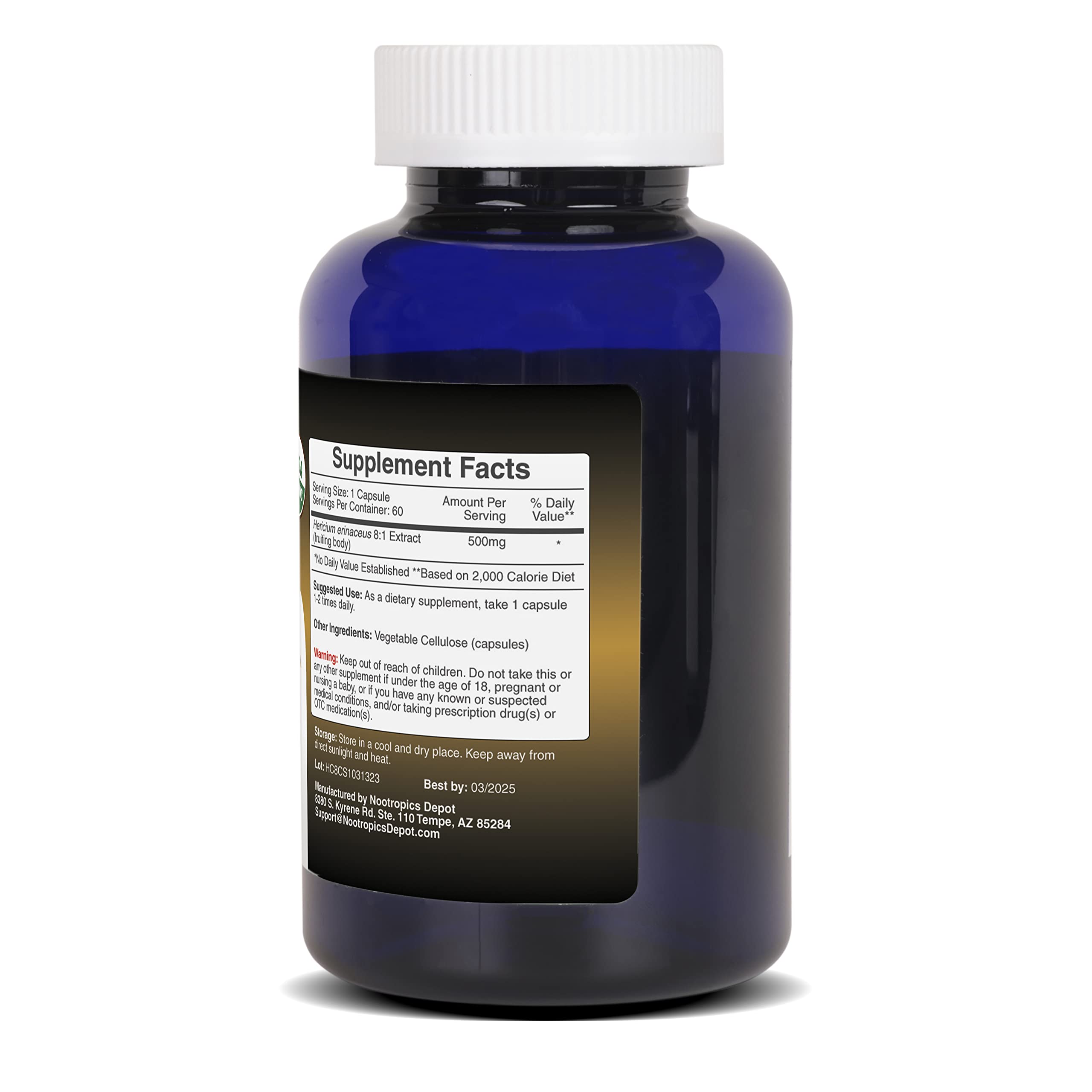 Bottle of dietary supplement capsules on white background