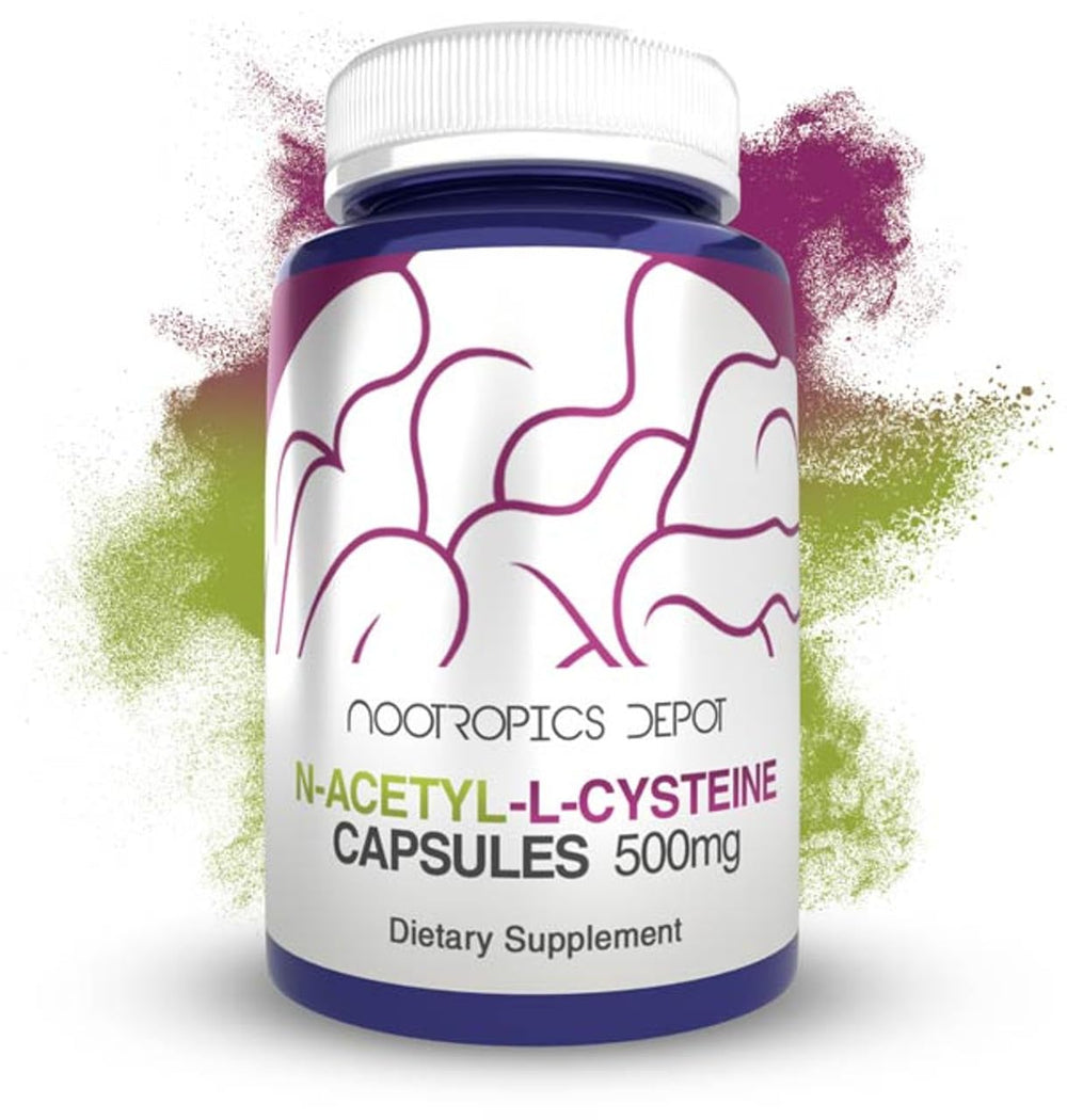 Nootropics Depot NAC 500mg capsules on front bottle label for wellness