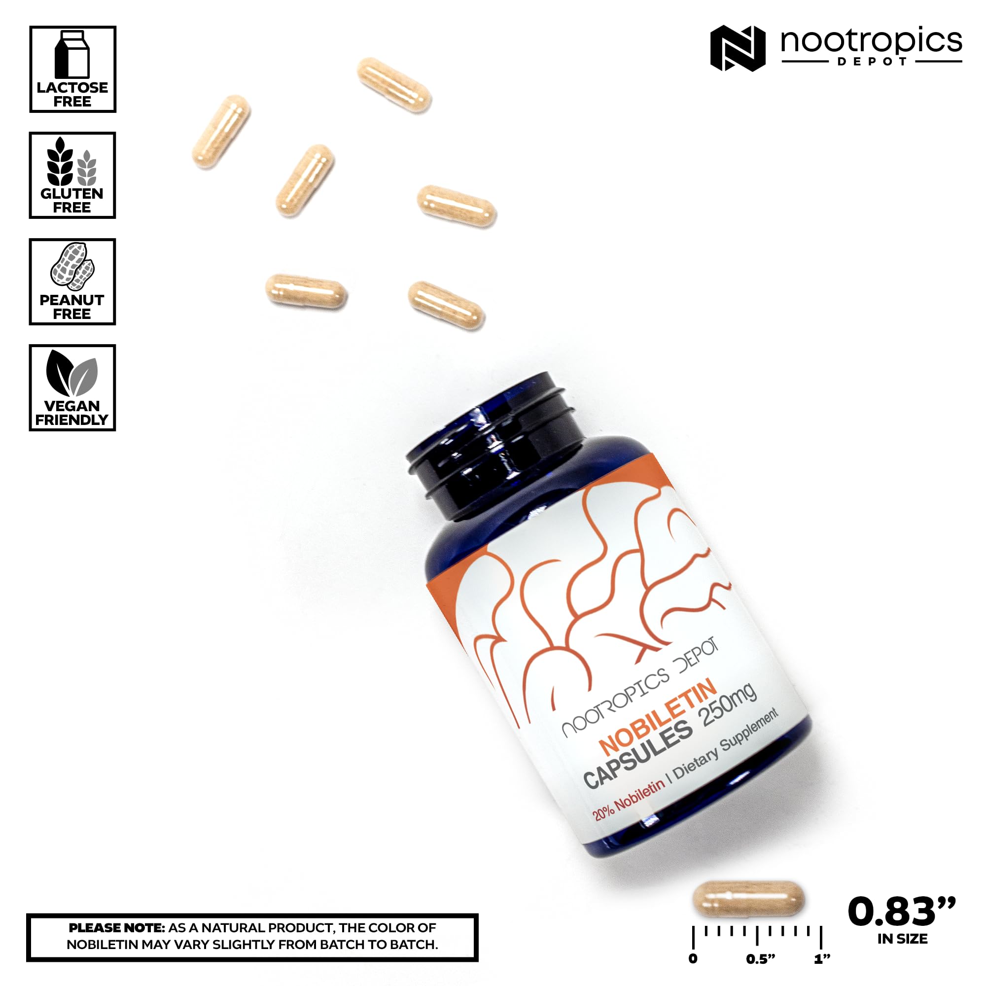 Front view of bottle with Nobiletin 250mg and Citrus aurantium details